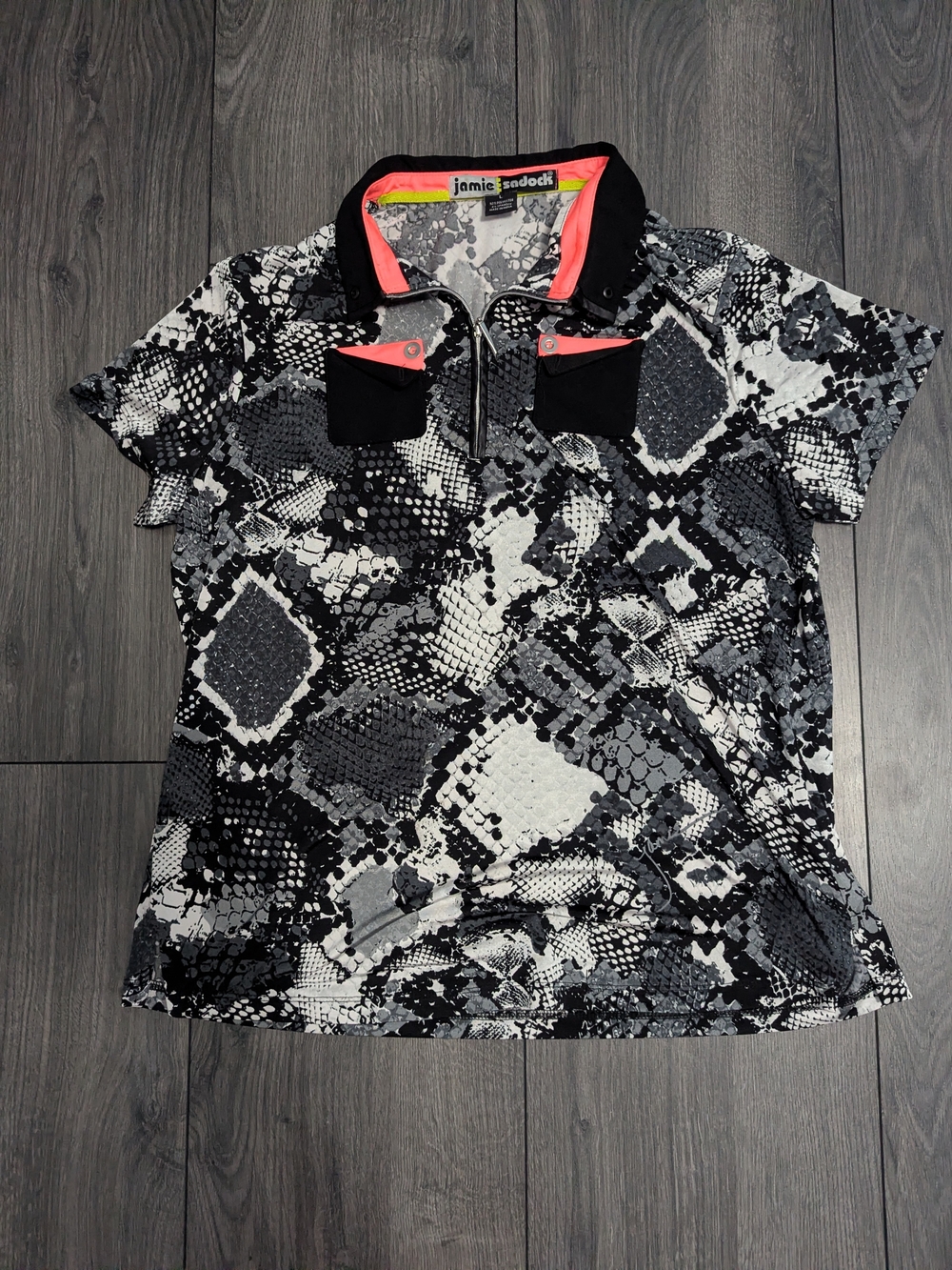 jamie sadock Black and White Snake Print Golf Polo Top with Coral Trim
